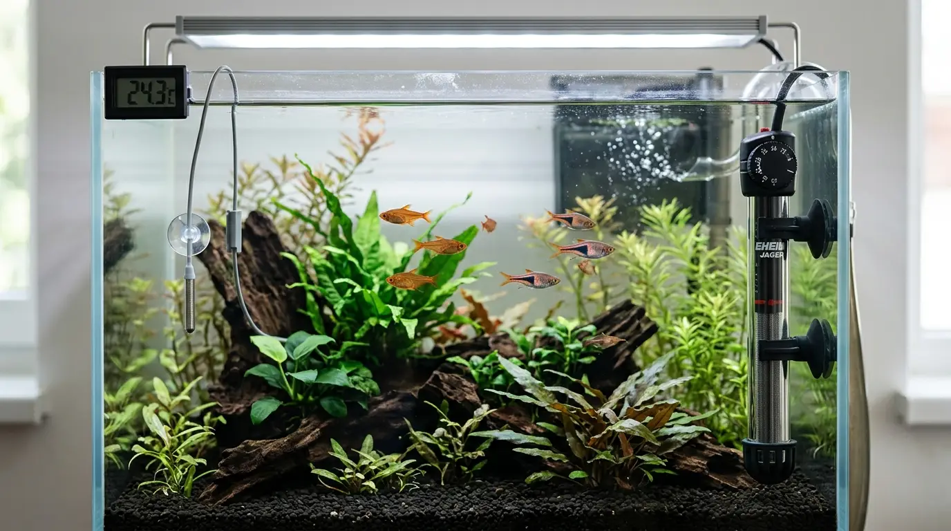 Digital thermometer and adjustable aquarium heater positioned correctly in a planted tropical fish tank