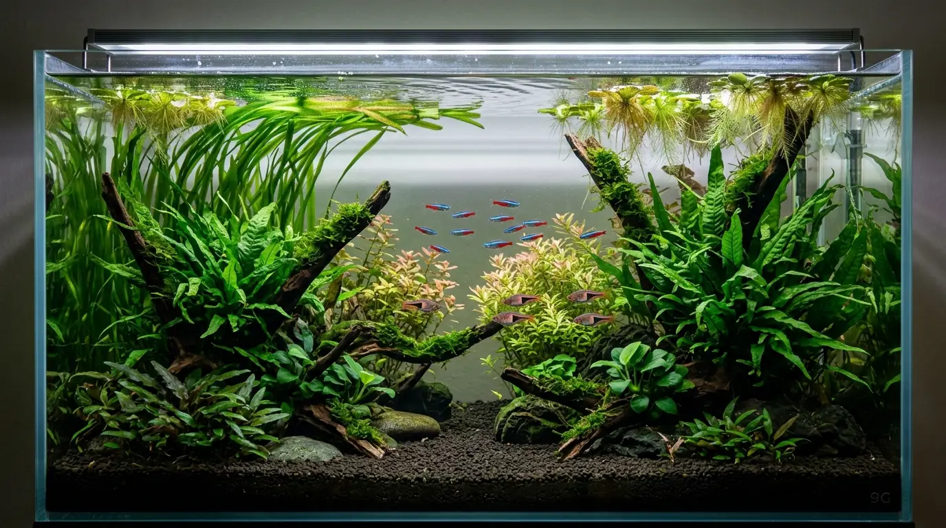 A healthy planted freshwater aquarium with balanced aquatic plants, moderate nutrients, and clear water illustrating the relationship between water chemistry and algae.