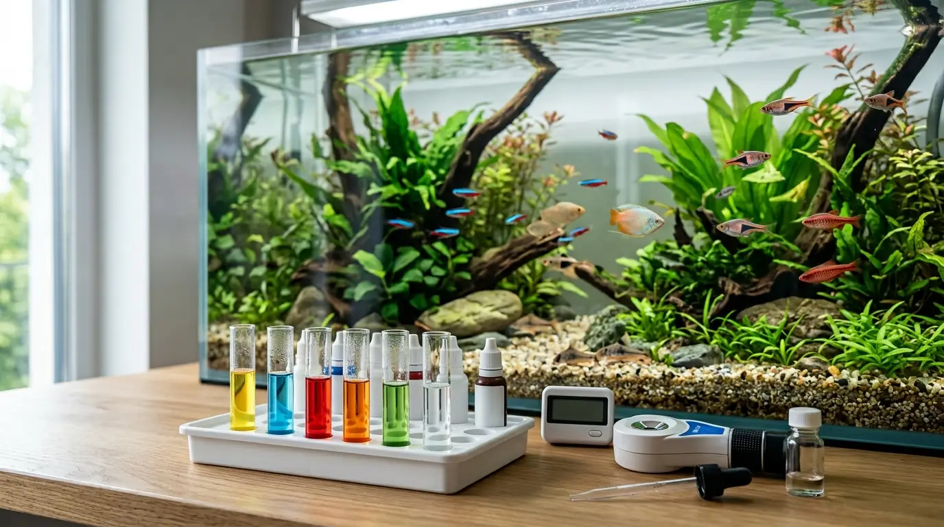 A healthy freshwater aquarium beside water-testing equipment used to monitor ammonia, nitrite, nitrate, pH, KH, and GH.
