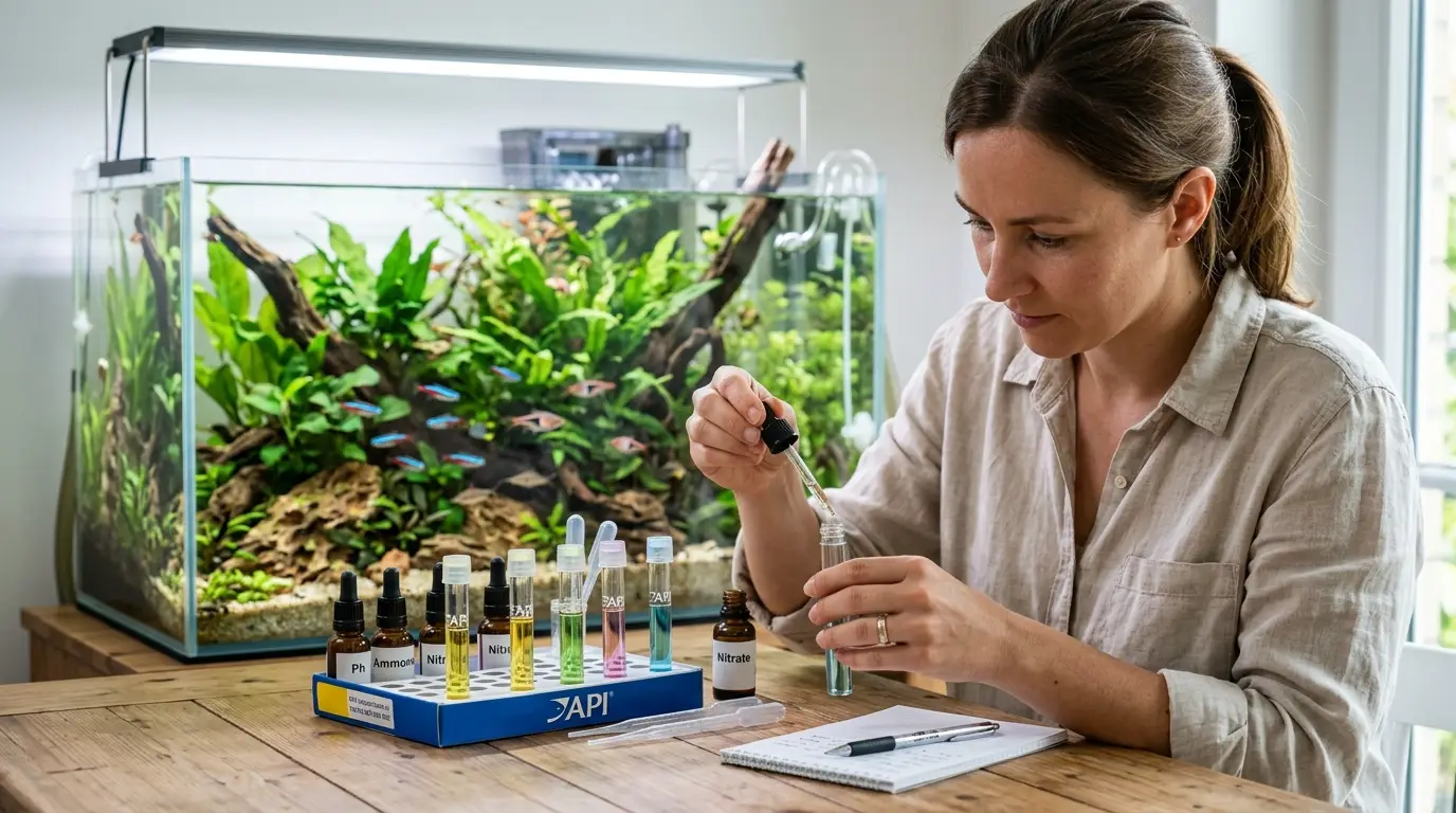 Aquarium keeper testing water parameters beside a freshwater tank with a liquid test kit