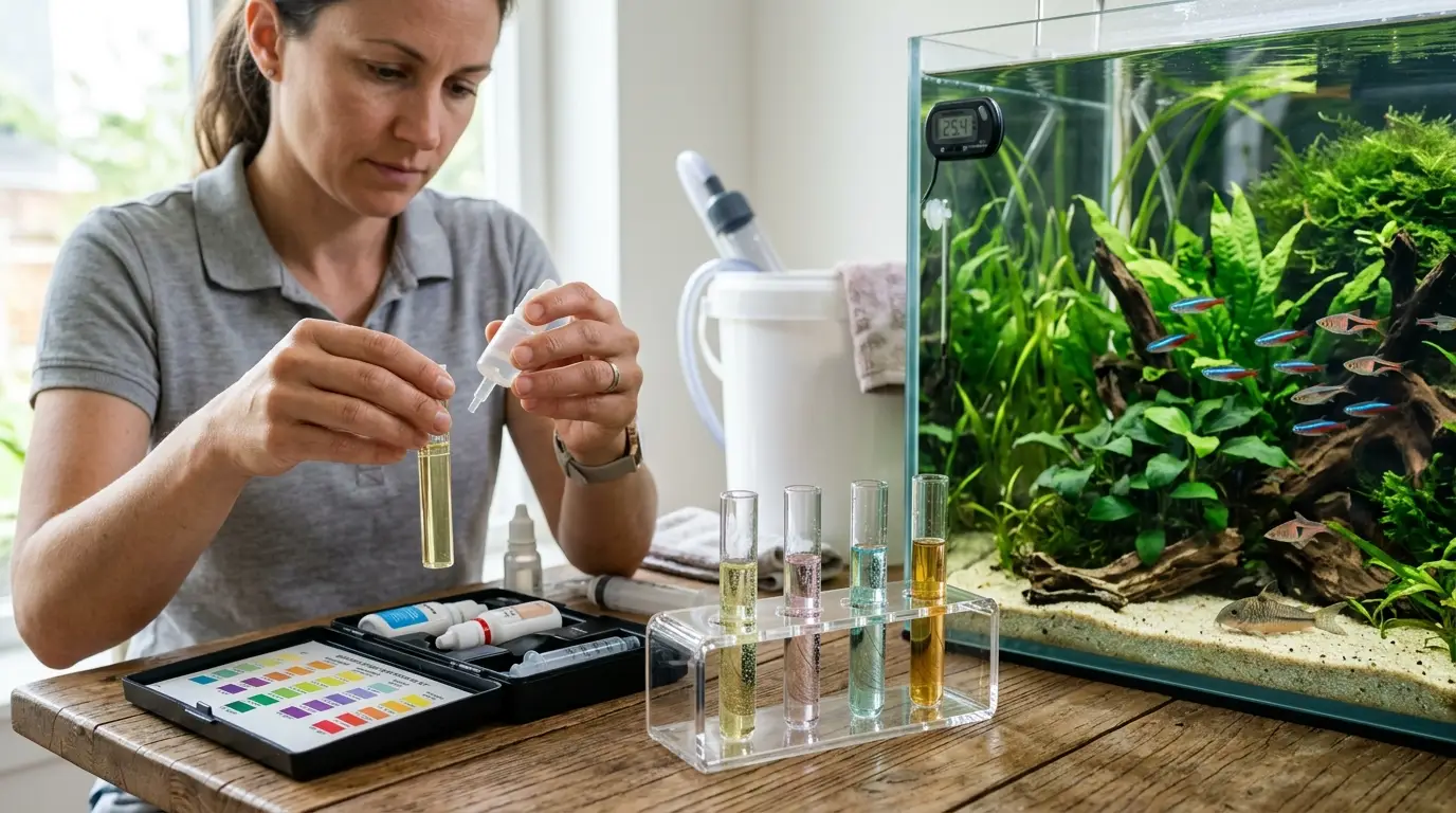 Aquarium water testing setup with nitrate, pH, temperature, and water samples beside a healthy planted aquarium