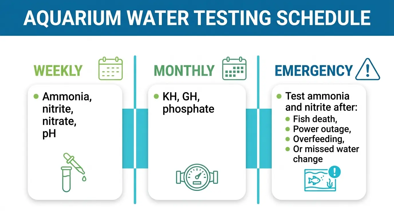 Aquarium testing tools and notebook used to track weekly water parameters beside a planted aquarium