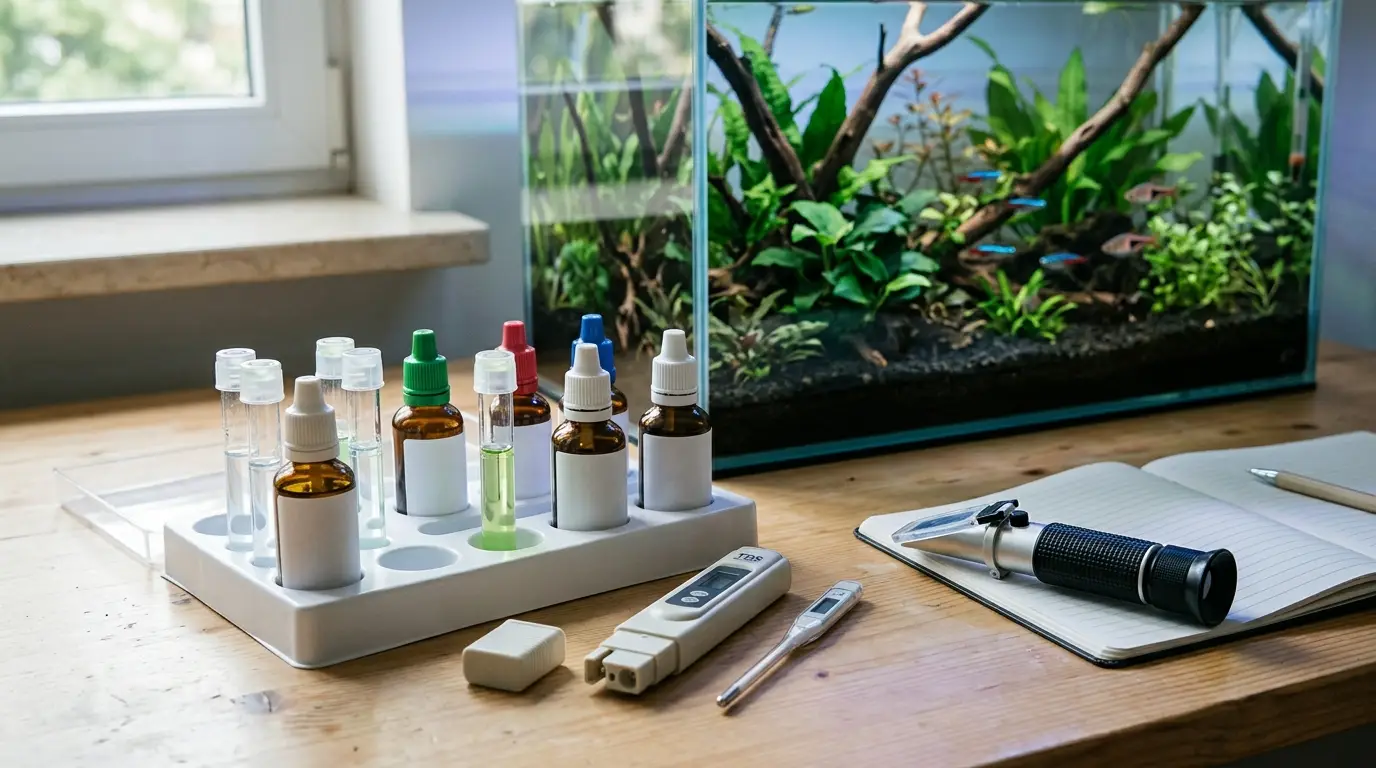 Beginner-friendly aquarium water testing kit arranged beside a healthy freshwater aquarium