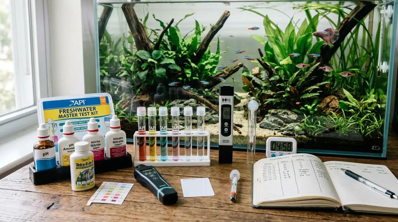 Liquid test kit, test strips, digital pH meter, TDS meter, and aquarium testing accessories beside a planted tank