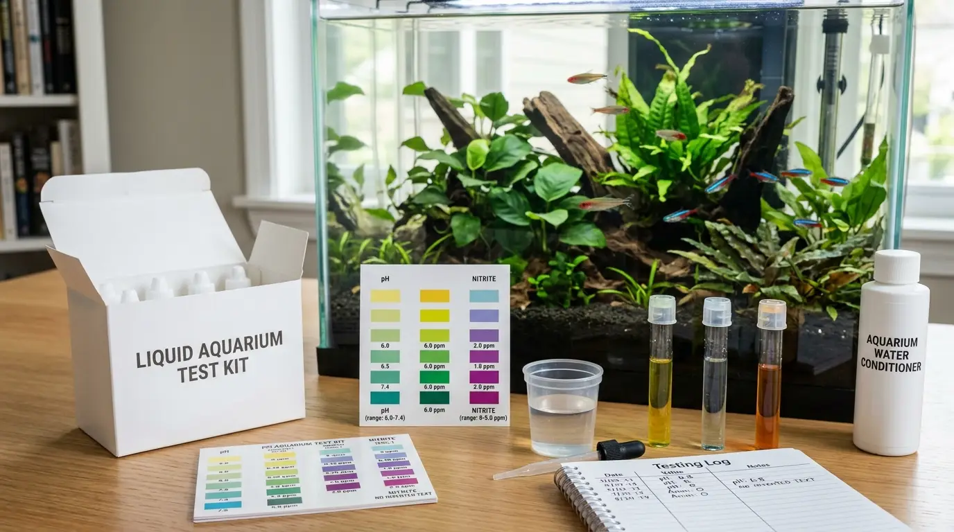 Beginner testing freshwater aquarium water with liquid test kit, water conditioner, and aquarium equipment