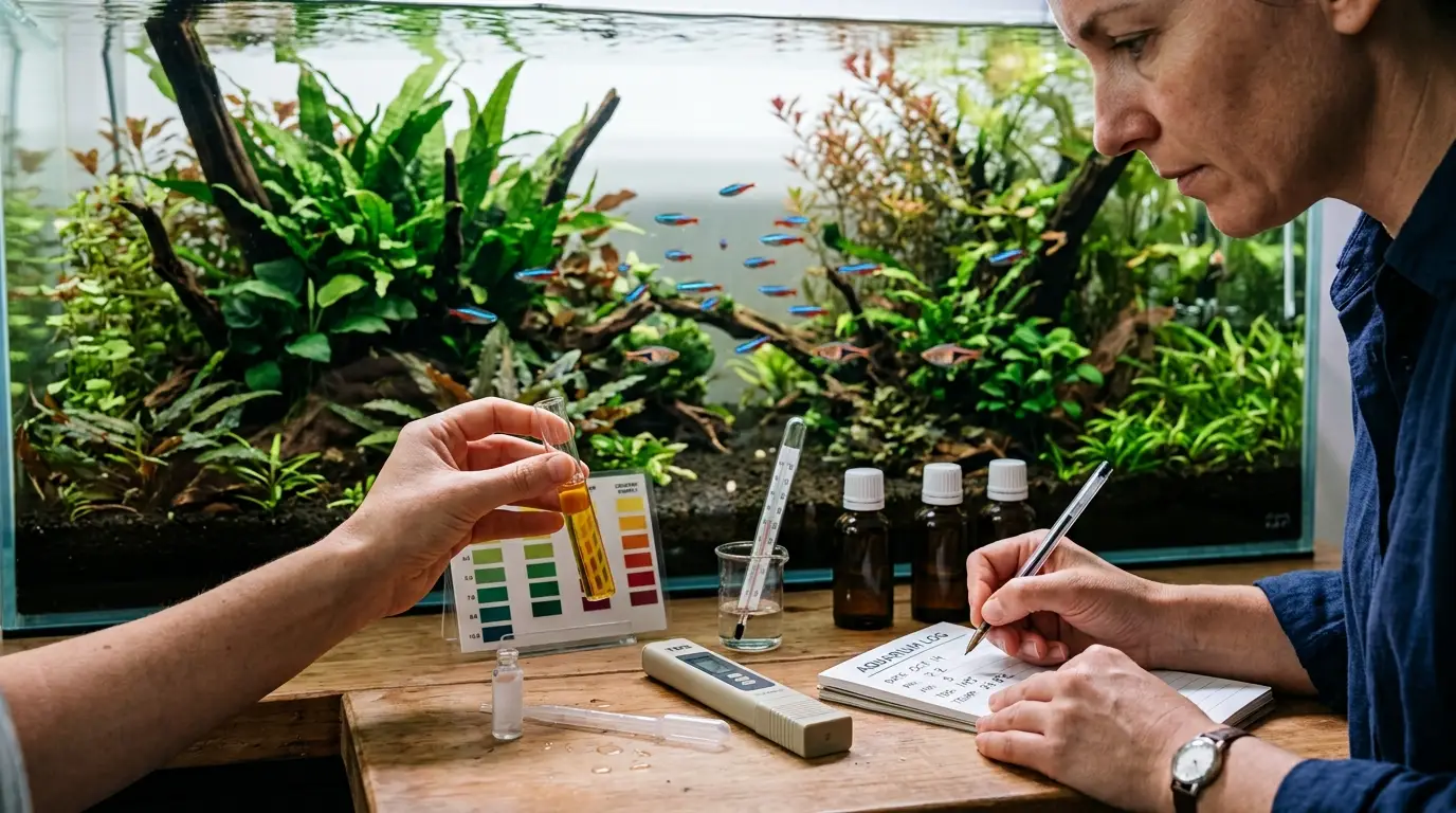 Aquarist checking aquarium water parameters with liquid test kits and recording results beside a planted tank