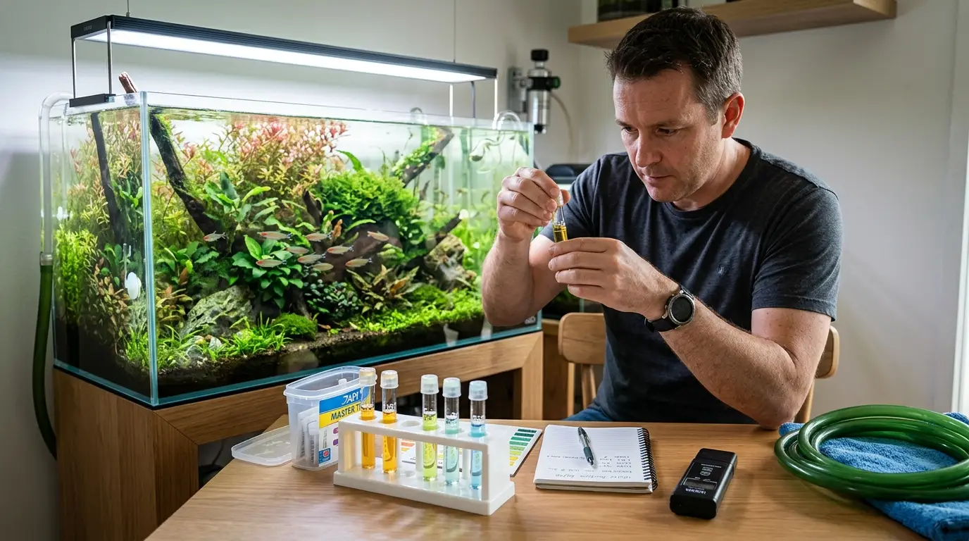 Aquarist testing water in a planted aquarium after detecting a water quality problem
