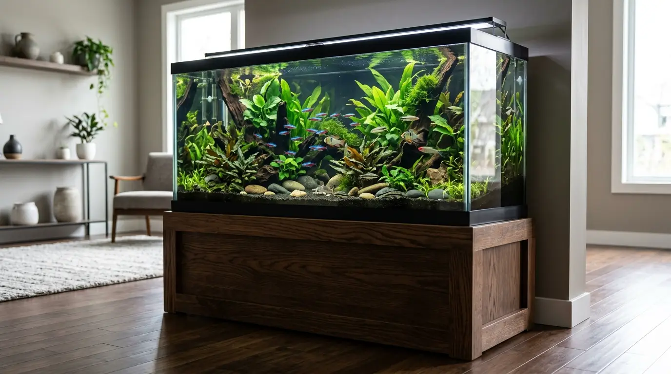 A large aquarium resting on a sturdy level stand near a structural wall with enough surrounding space for safe maintenance and support.