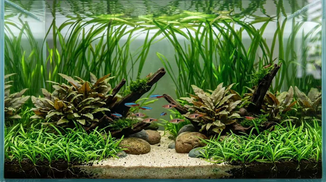 A natural freshwater aquascape using dwarf sagittaria in the foreground, Cryptocoryne in the midground, and Vallisneria in the background for depth.