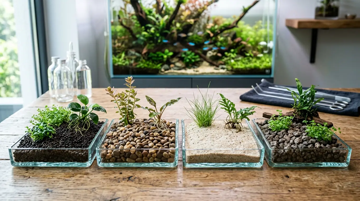 Different planted aquarium substrate textures including dark aquasoil, natural gravel, fine sand, and porous clay-based media.