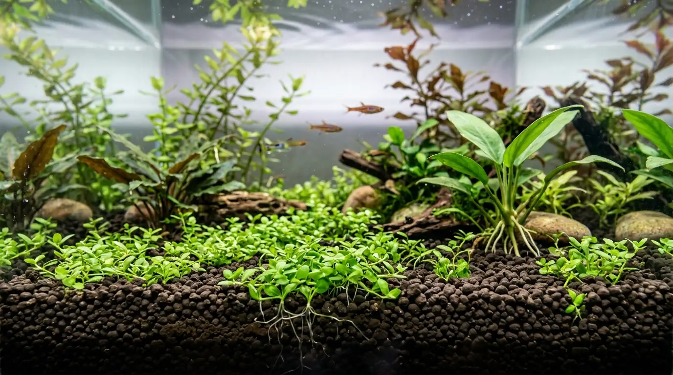 Healthy rooted aquatic plants growing vigorously in nutrient-rich aquasoil inside a planted freshwater aquarium.