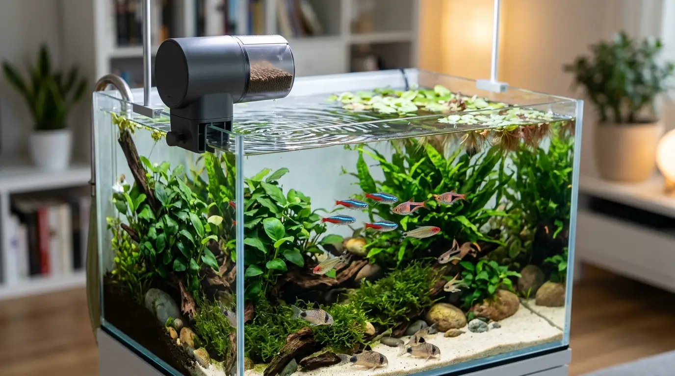 A properly positioned automatic aquarium feeder dispensing a small controlled portion above a healthy planted freshwater tank.