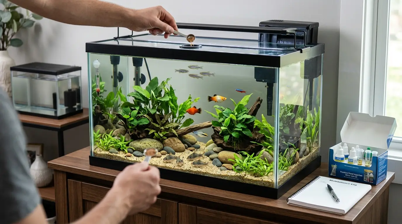 Beginner freshwater aquarium setup showing proper cycling, controlled feeding, safe filtration, appropriate stocking, and suitable fish selection.
