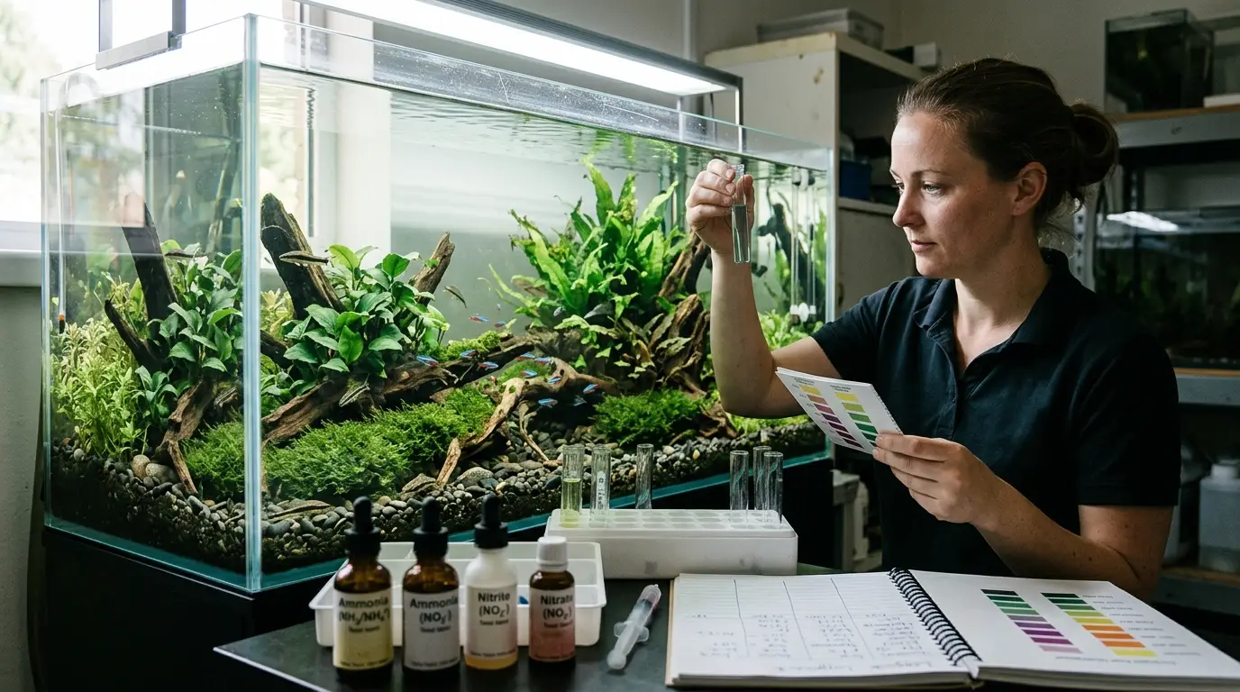 Aquarium testing scene showing the importance of confirming nitrogen cycle completion instead of relying only on clear water