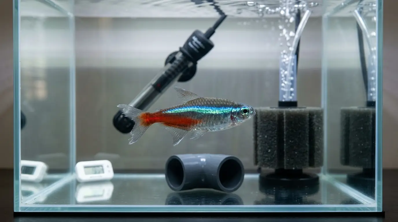 A freshwater fish with a mild fin condition being observed in a clean hospital aquarium for treatment and recovery.