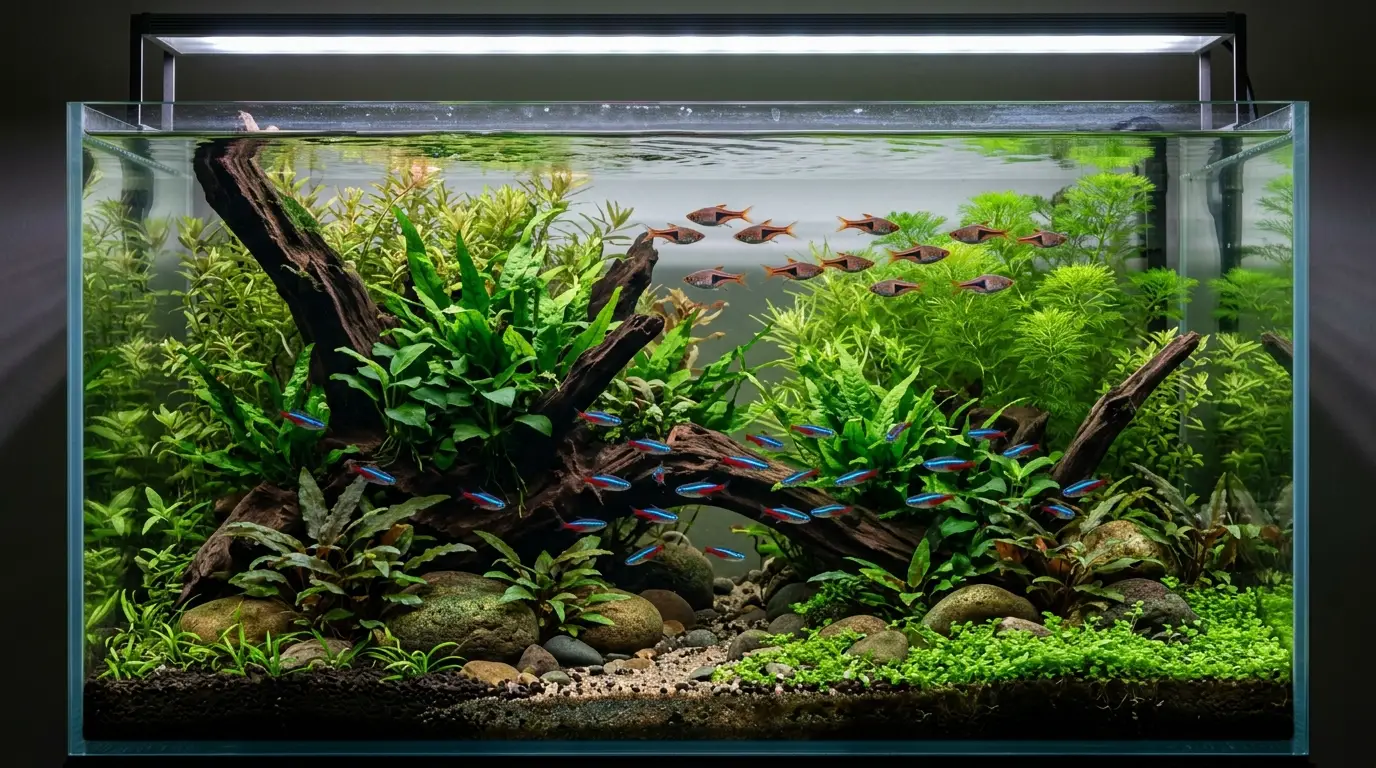 Freshwater aquarium showing a natural daytime lighting environment with healthy fish and aquatic plants