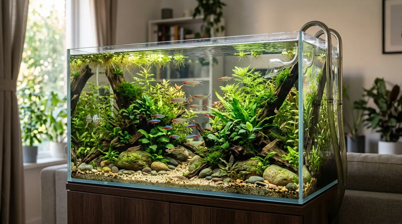 A mature freshwater planted aquarium with healthy plants, clear water, stable circulation, and only minimal natural algae growth.