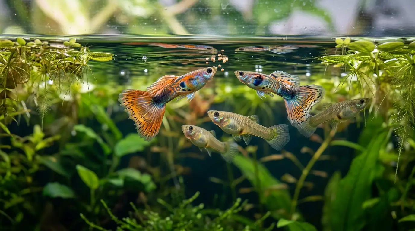 Healthy guppies feeding on small high-quality foods in a planted aquarium