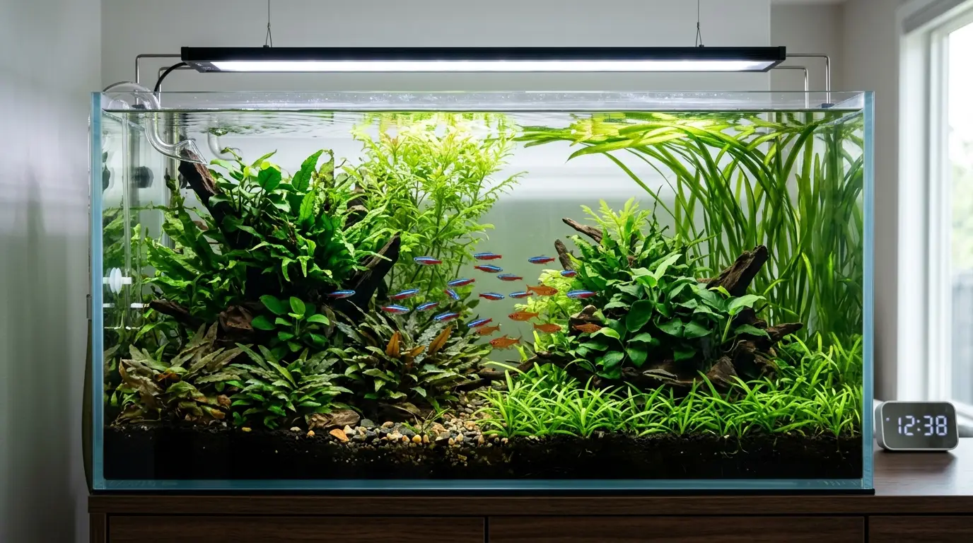 A healthy planted aquarium under balanced LED lighting with vigorous aquatic plant growth and minimal algae.