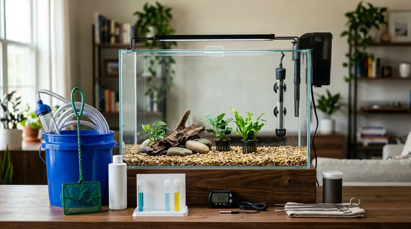 Essential freshwater aquarium equipment arranged around a 20-gallon beginner aquarium setup
