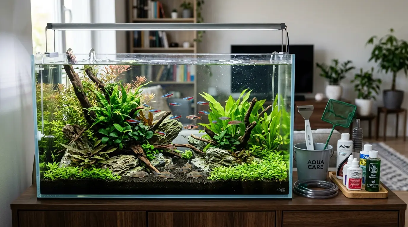 Well-maintained freshwater aquarium with clean glass, healthy plants, balanced aquascape, and organized maintenance supplies
