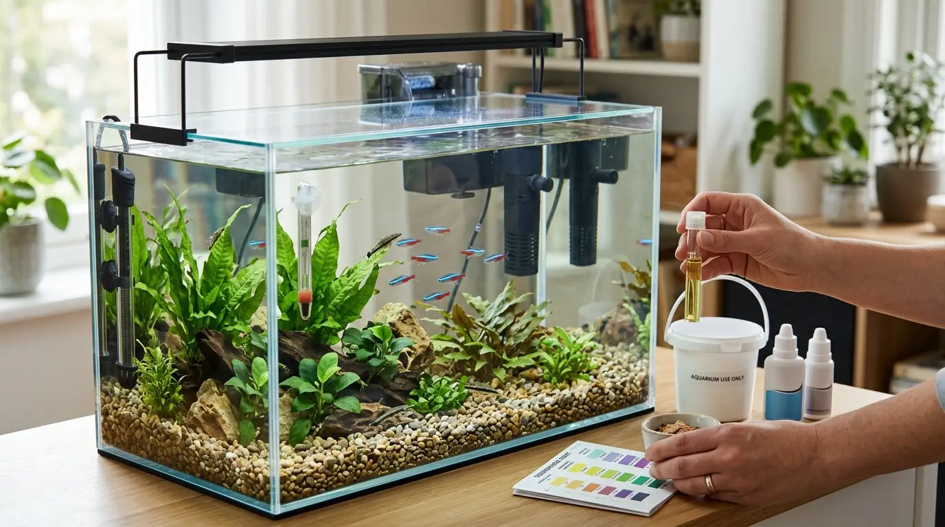 Aquarium beginner setup showing proper cycling, stocking, testing, feeding and maintenance practices