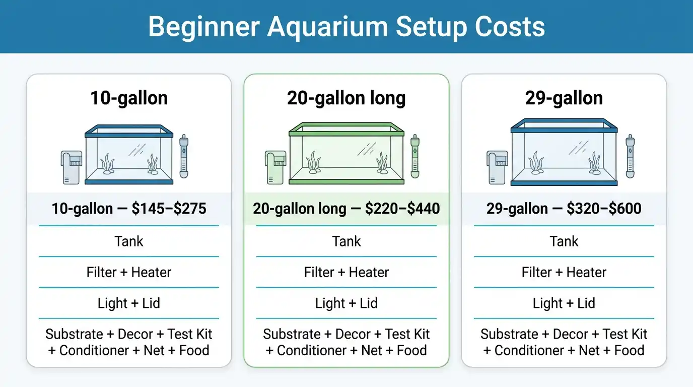 Comparison of aquarium equipment and setup components for 10-gallon, 20-gallon, and 29-gallon freshwater tanks.