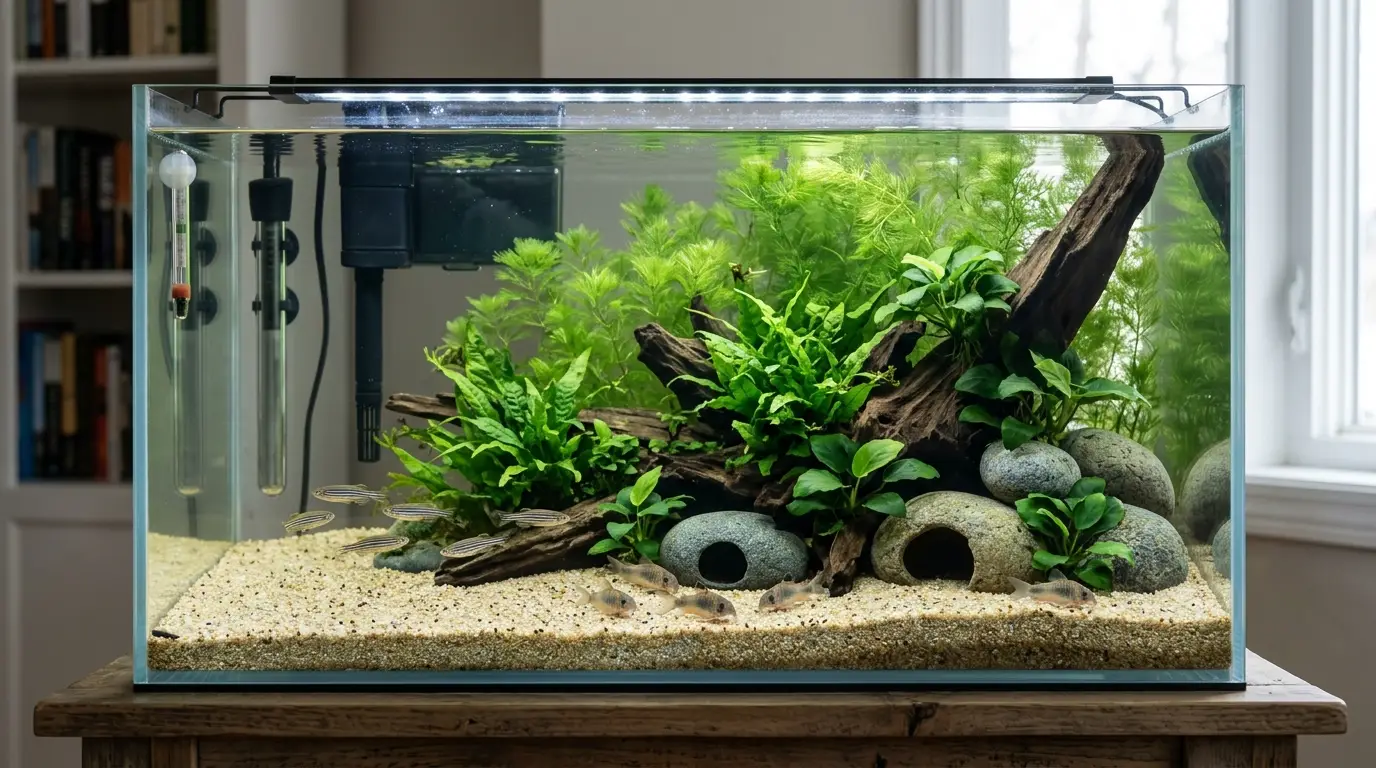 Beginner freshwater aquarium aquascape with smooth substrate, Anubias, Java fern, hornwort, driftwood, and safe hiding places.