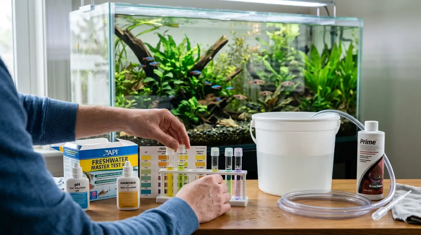 Aquarist testing freshwater aquarium water with liquid test tubes beside a planted tank during routine maintenance