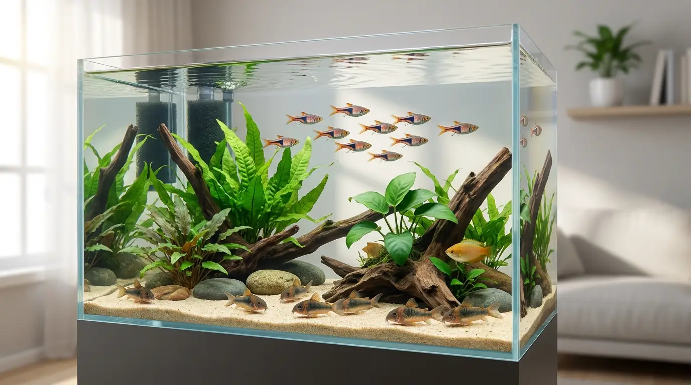 Peaceful planted community aquarium containing schooling fish, bottom-dwelling corydoras, and a honey gourami.