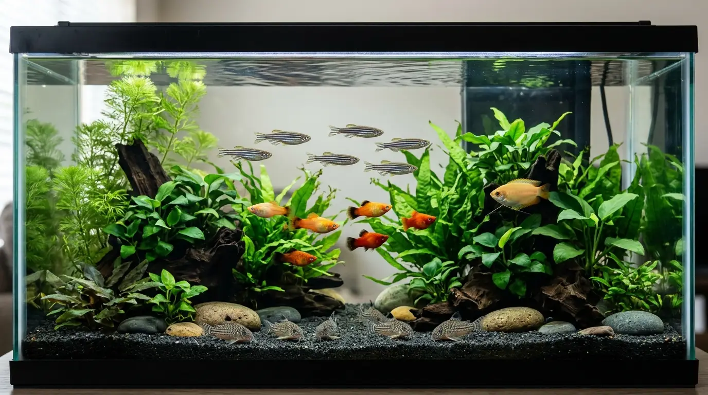 Peaceful freshwater community aquarium containing beginner-friendly zebra danios, platies, corydoras, and honey gourami.