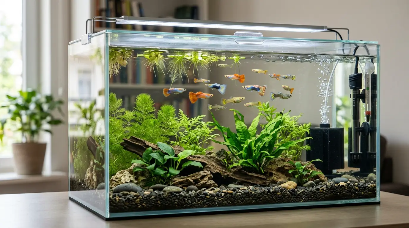 A realistic 10–20 gallon guppy aquarium showing a gentle sponge filter, heater, thermometer, LED light, substrate, plants, and secure lid.