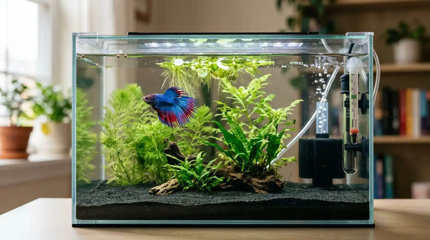 A realistic 5-gallon aquarium showing a healthy planted setup with controlled feeding, gentle filtration, proper heating, and clean water.