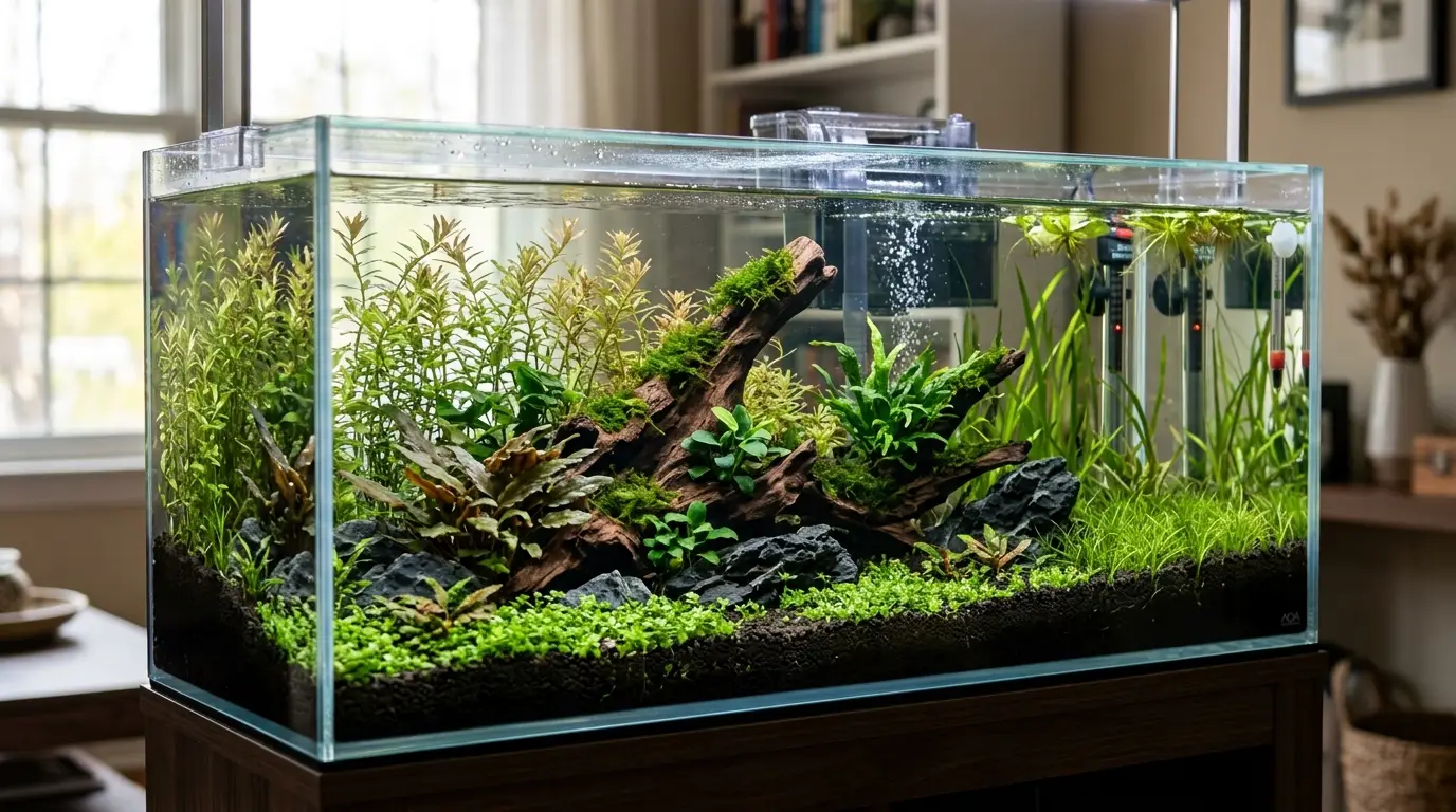 A newly assembled planted aquarium with sloped substrate, natural hardscape, planted stems, filter, heater, and clear water ready for cycling.