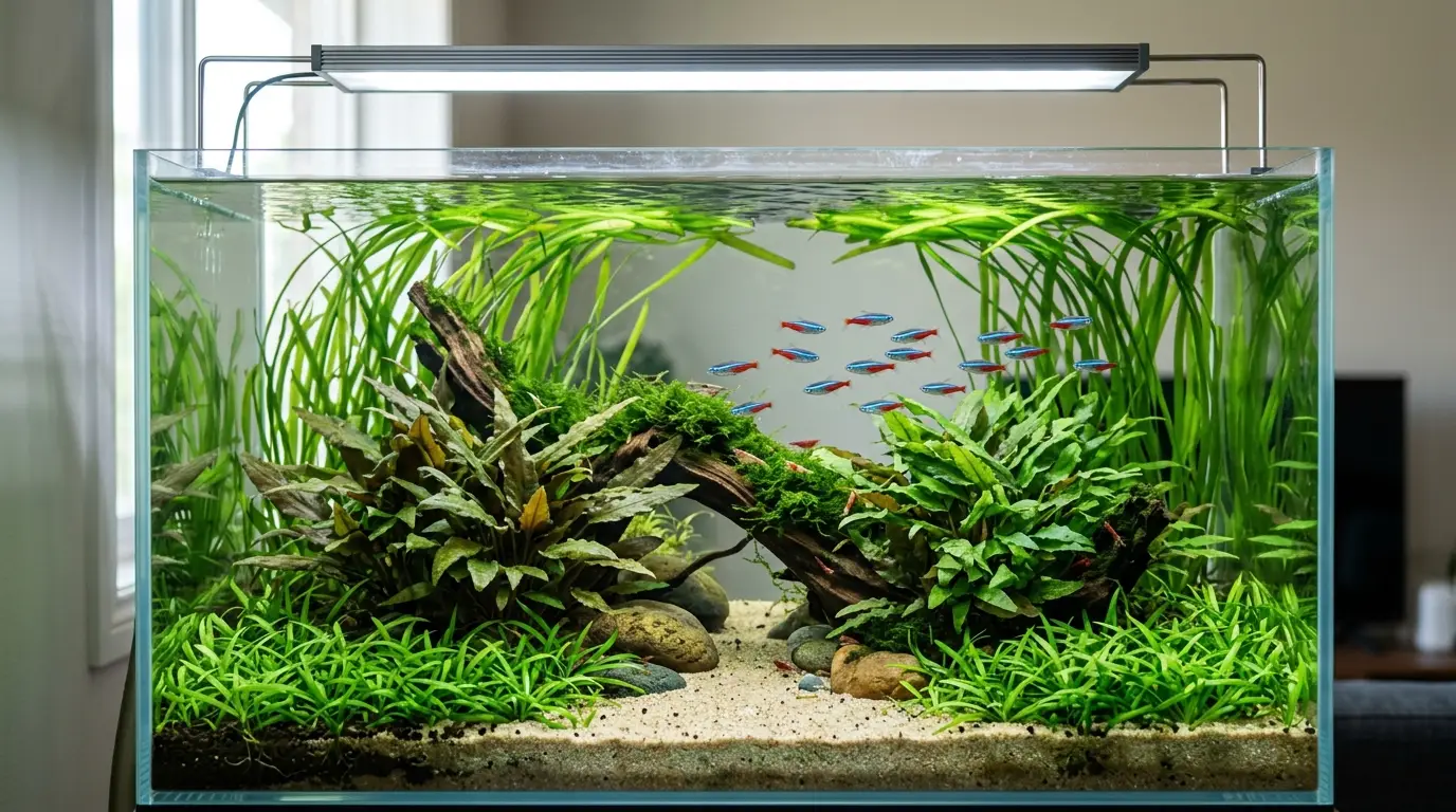 A beginner-friendly freshwater aquarium combining Cryptocoryne in the middle, dwarf sagittaria in the foreground, and Vallisneria in the background.