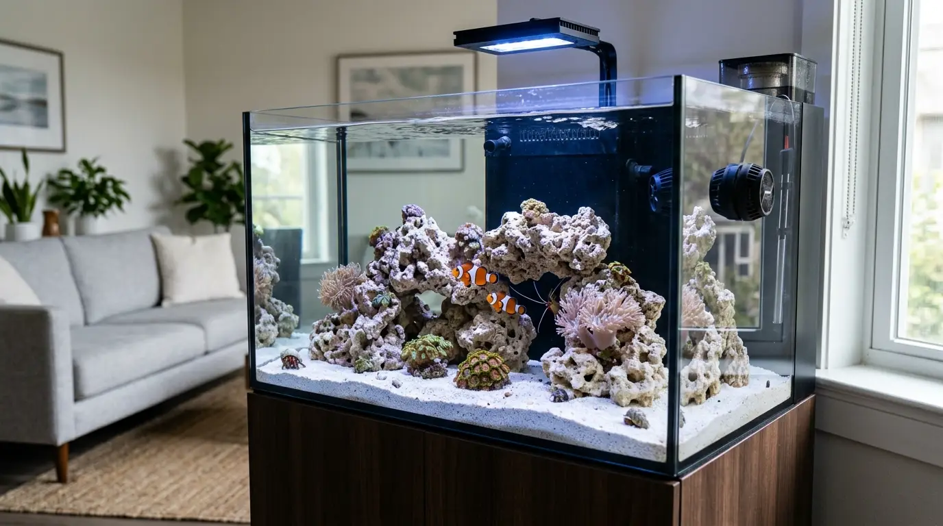 Beginner saltwater aquarium with clownfish, live rock, marine sand, coral and realistic filtration equipment