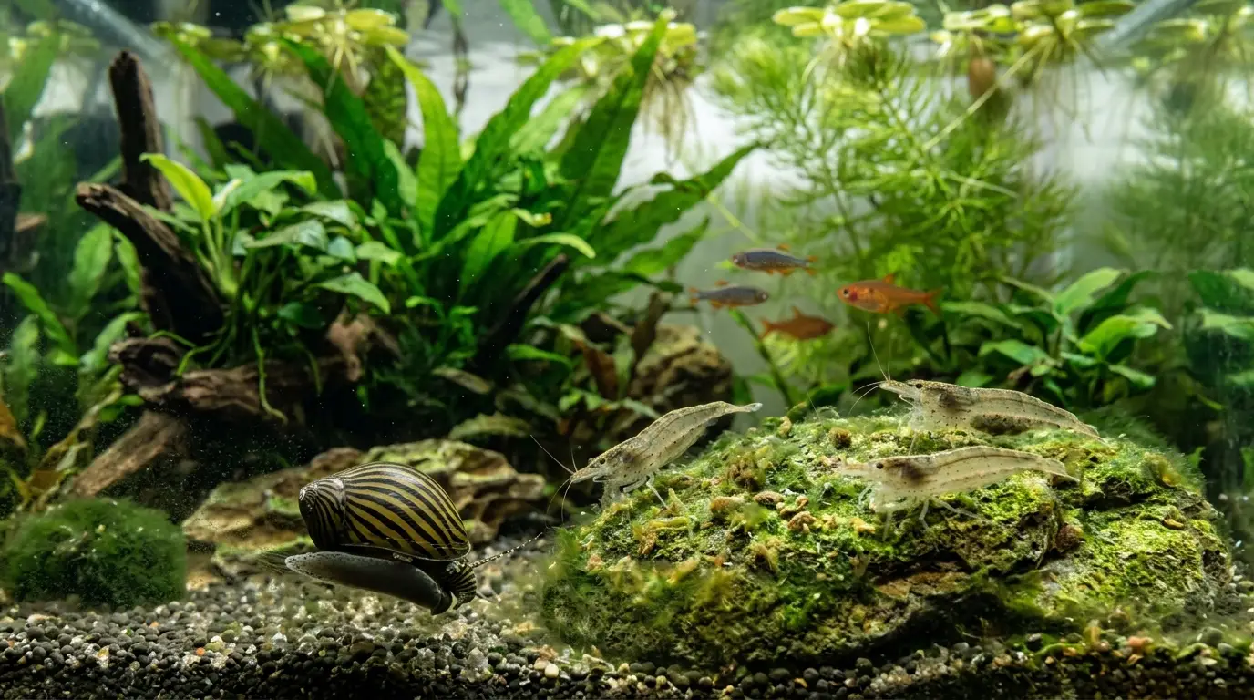 Amano shrimp and nerite snails grazing algae in a lush planted freshwater aquarium