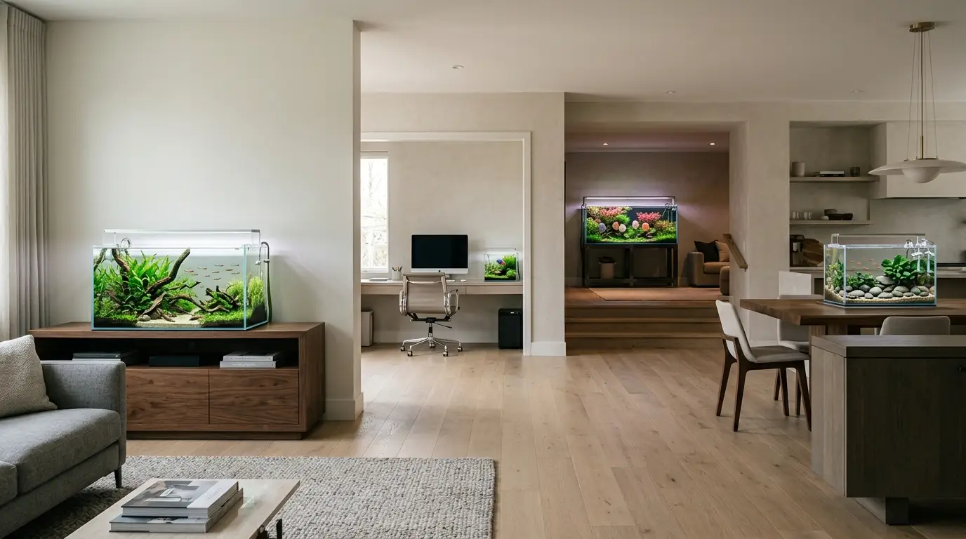 A collection of realistic home aquarium environments showing suitable quiet locations such as a living room, home office, basement, and dining area.