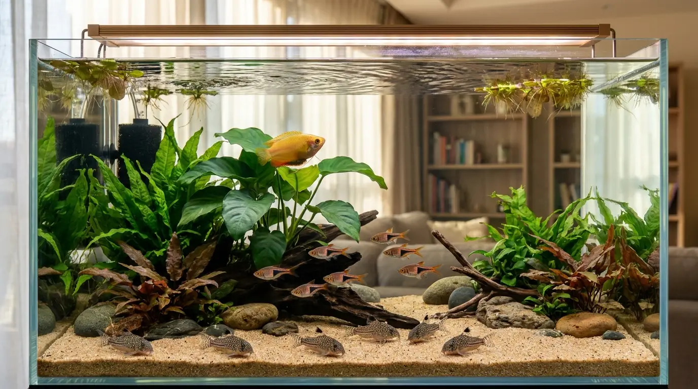 Harlequin rasboras, corydoras, and a honey gourami living peacefully in a planted freshwater aquarium.