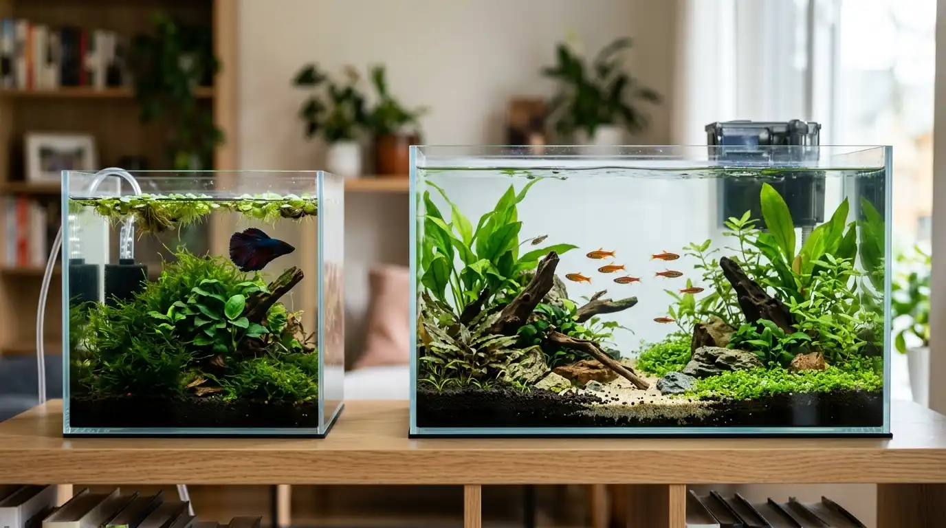 A planted 5-gallon aquarium with a single betta, nerite snail, and dense aquatic plants illustrating a suitable light-stock beginner setup.
