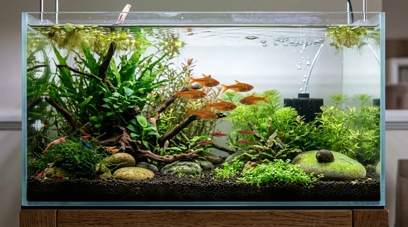 Small peaceful freshwater fish species including ember tetras and chili rasboras in a planted nano aquarium.