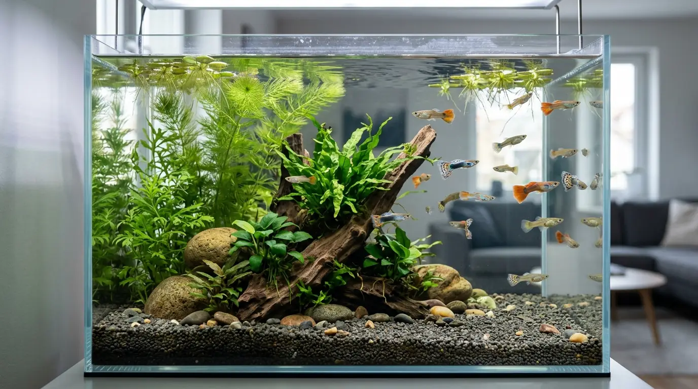 A planted guppy aquarium with java fern, anubias, hornwort, water sprite, floating plants, driftwood, and open swimming space.