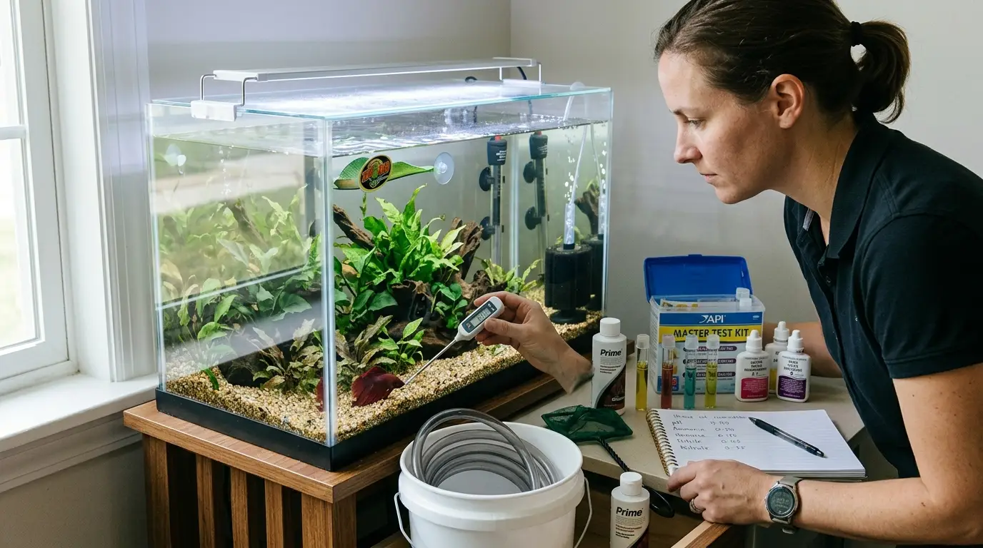 Aquarist systematically checking temperature, water quality, filter flow, feeding, and aquarium conditions for a betta.
