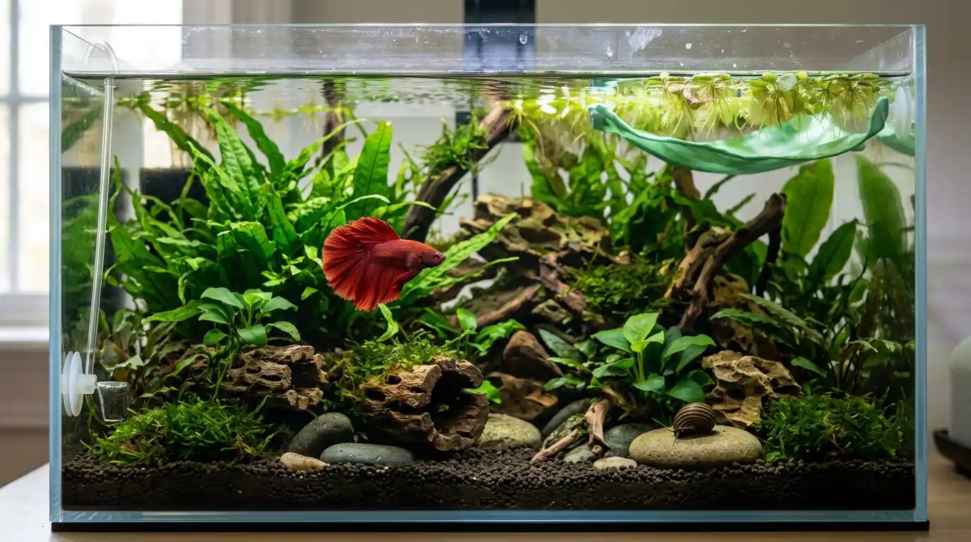 Betta fish exploring a densely planted aquarium with a nerite snail and natural hiding places.