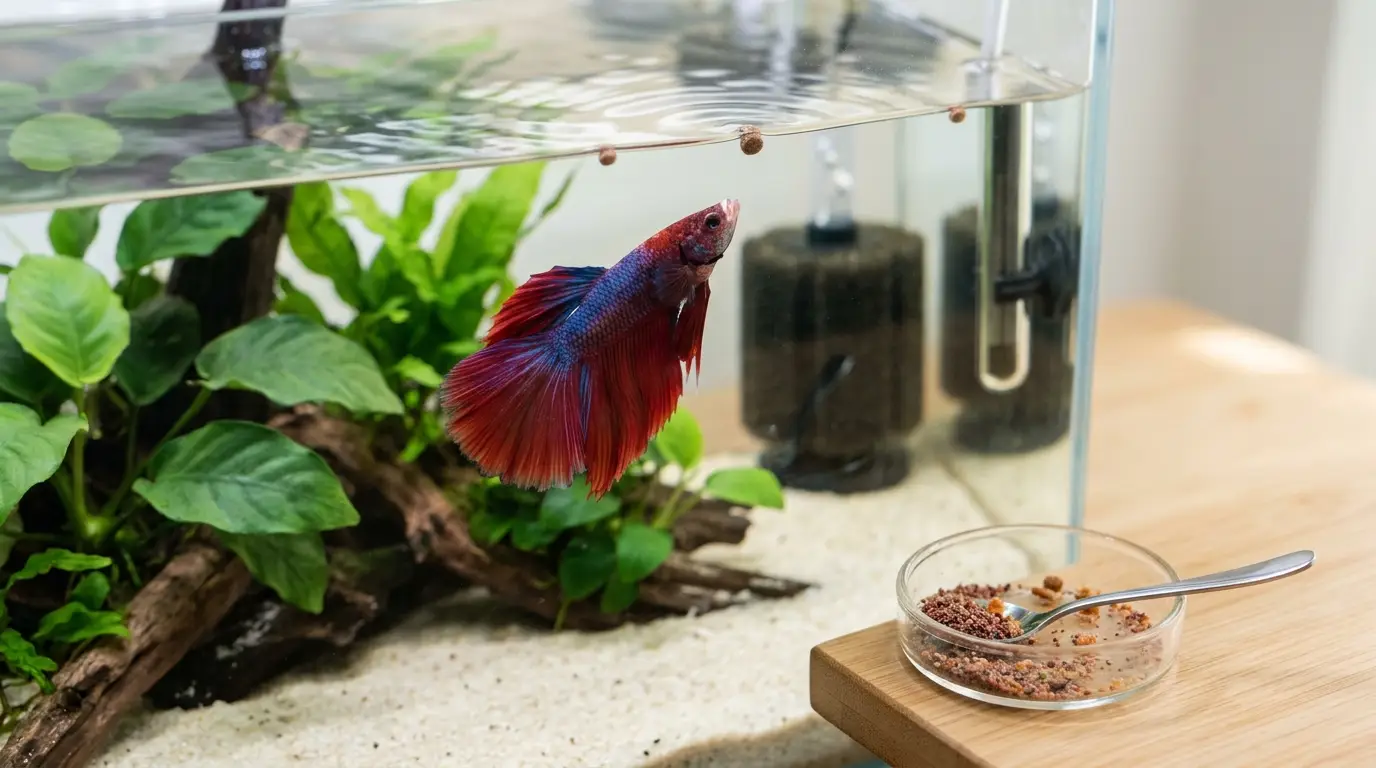 Betta fish eating a small portion of high-protein food in a planted aquarium.