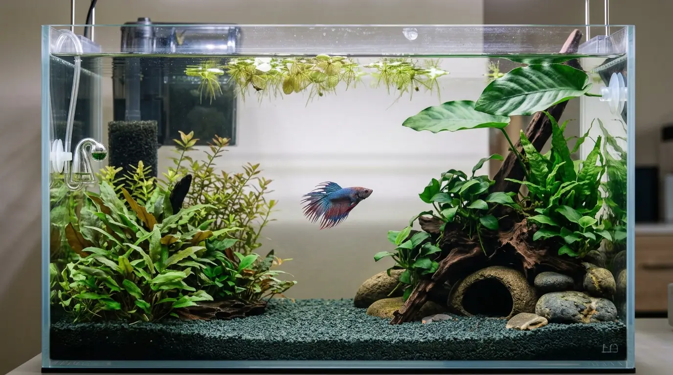 Well-planted betta aquarium with shaded hiding places, floating plants, leaf hammock, and open swimming space
