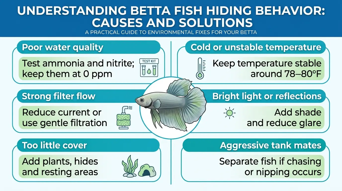 Educational infographic showing common reasons a betta fish hides and practical aquarium adjustments