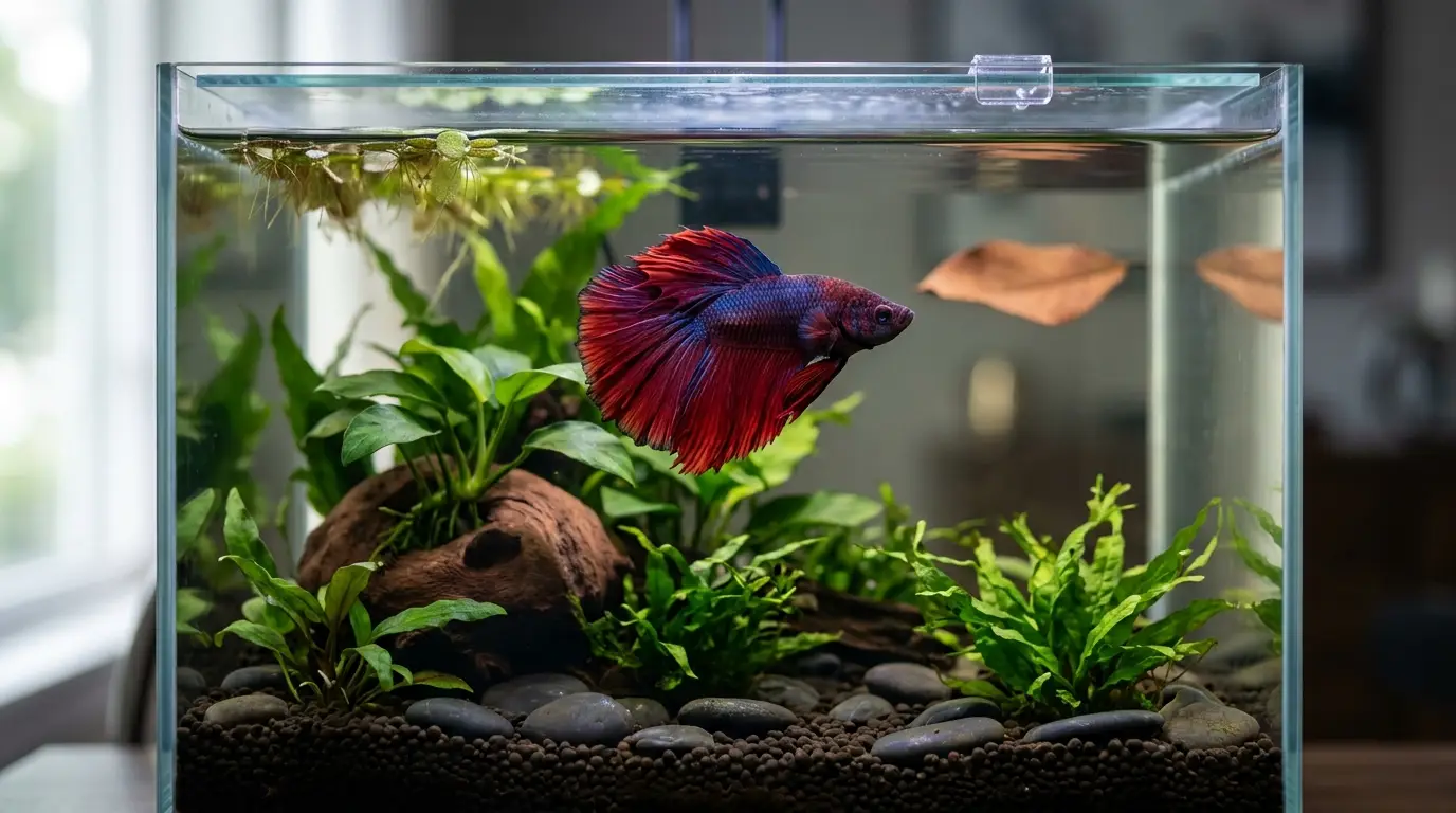 Healthy betta fish in a mature planted aquarium with clean warm water and stable living conditions
