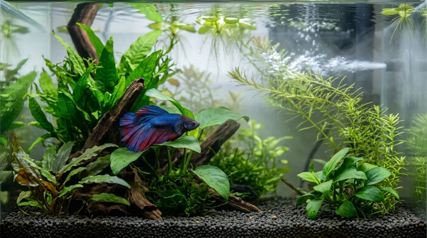 Betta fish seeking shelter from excessive aquarium flow among dense aquatic plants.