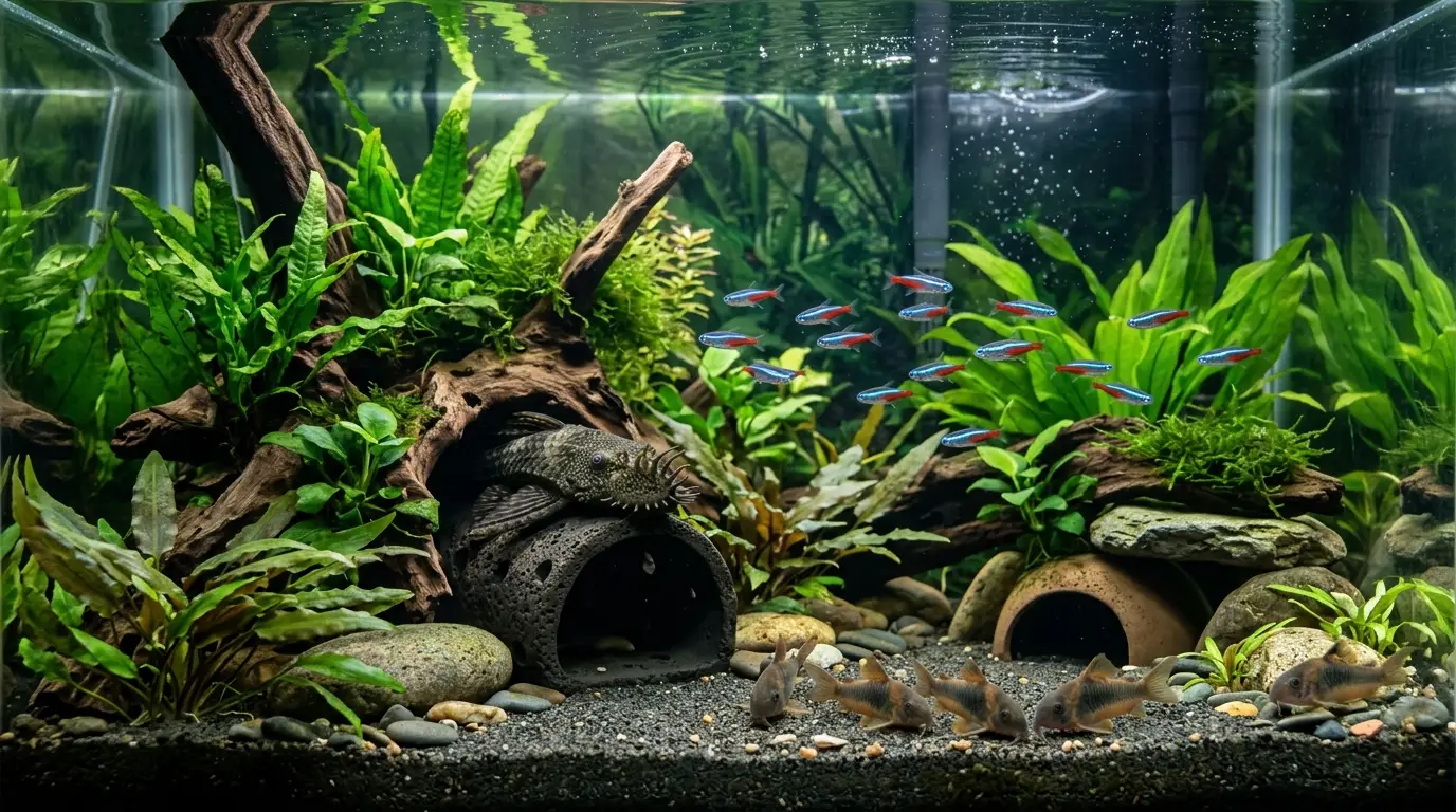 Educational illustration showing male and female bristlenose plecos, cave spawning, eggs, guarding male, and emerging fry.